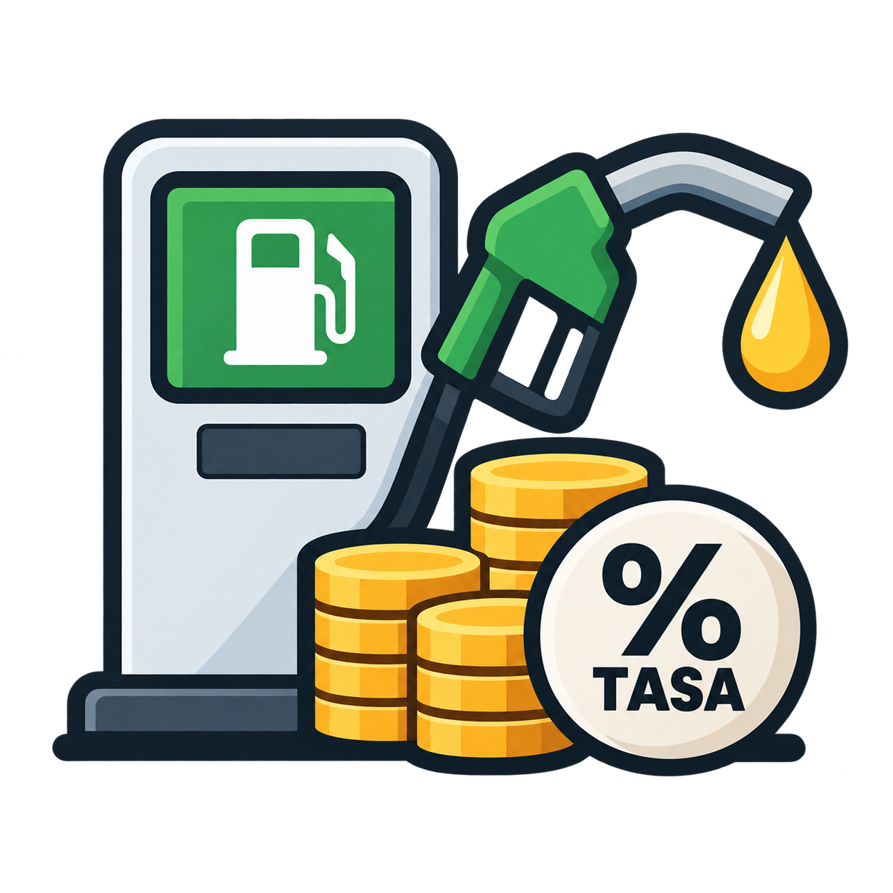 Surtidor de gasolina con monedas y símbolo de tasa